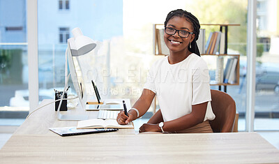 Buy stock photo Portrait, business and black woman writing, planning and ideas for project, professional and development. Face, female person and employee with a schedule, office and journal with happiness and goals