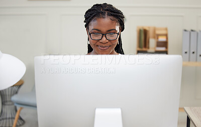 Buy stock photo Happy, black woman and computer for research, searching and creative vision for writing project. African female person or copywriter with technology for planning article, news or story in office