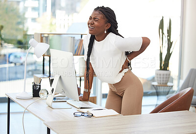Buy stock photo Back pain, business and computer with black woman at desk in office with anatomy emergency or injury. Accident, bad posture or mistake and tired or overworked employee in workplace with burnout