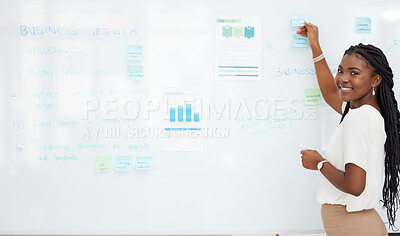 Buy stock photo Whiteboard, portrait and woman presentation, planning and financial management, solution or data analysis. Brainstorming, business growth and african person with sticky notes, ideas and chart results