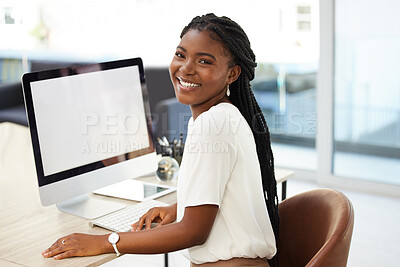Buy stock photo Portrait, computer screen and business woman in startup career, creative mindset or planning in office. Happy face of african person for internship opportunity or marketing agency in desktop mockup
