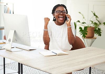Buy stock photo Phone call, success and winner with black woman in office for goal, celebration and bonus. Promotion, achievement and target with excited female employee for communication, networking and contact