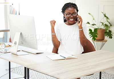 Buy stock photo Phone call, fist pump and winner with black woman in office for goal, celebration and bonus. Promotion, achievement and target with excited female employee for communication, networking and contact