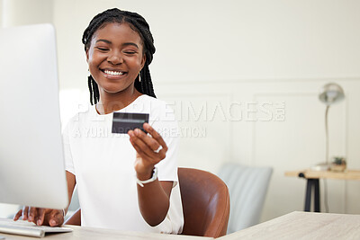 Buy stock photo Computer, credit card and business woman for happy online shopping, e commerce and fintech, loan or home office finance. African person typing, web banking and desktop pc for payment or security code