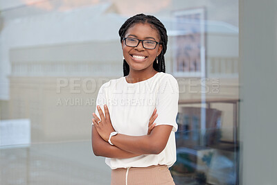 Buy stock photo Businesswoman, portrait and office with arms crossed, smile and confidence for goals. Creative writer, professional news editor and expert reporter for content creation, publishing and press startup