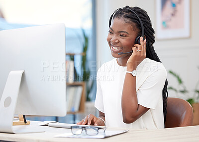Buy stock photo Call center, black woman and agent with smile, headset and computer for telemarketing, sales and workplace. Customer service, tech support and help with consulting, online and office of agency