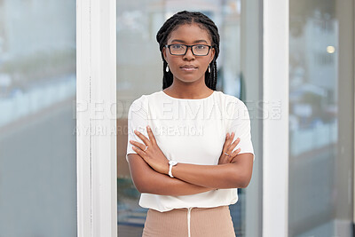 Buy stock photo African businesswoman, portrait and office with arms crossed, proud and confidence for goals. Creative writer, professional news editor and reporter for content creation, publishing and press startup