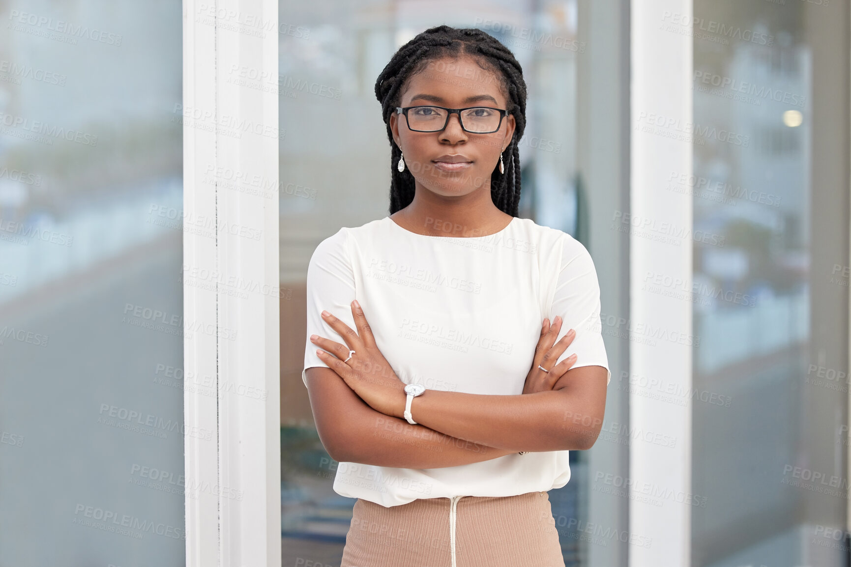 Buy stock photo African businesswoman, portrait and office with arms crossed, proud and confidence for goals. Creative writer, professional news editor and reporter for content creation, publishing and press startup