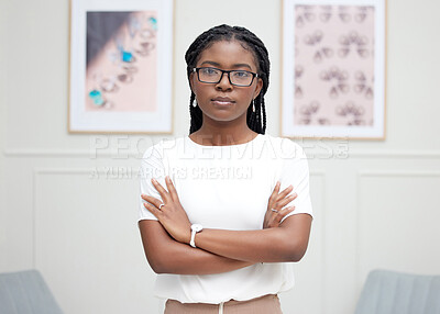 Buy stock photo African woman, portrait and office with arms crossed, proud and confidence for goals. Creative writer, professional news editor and expert reporter for content creation, publishing and press startup