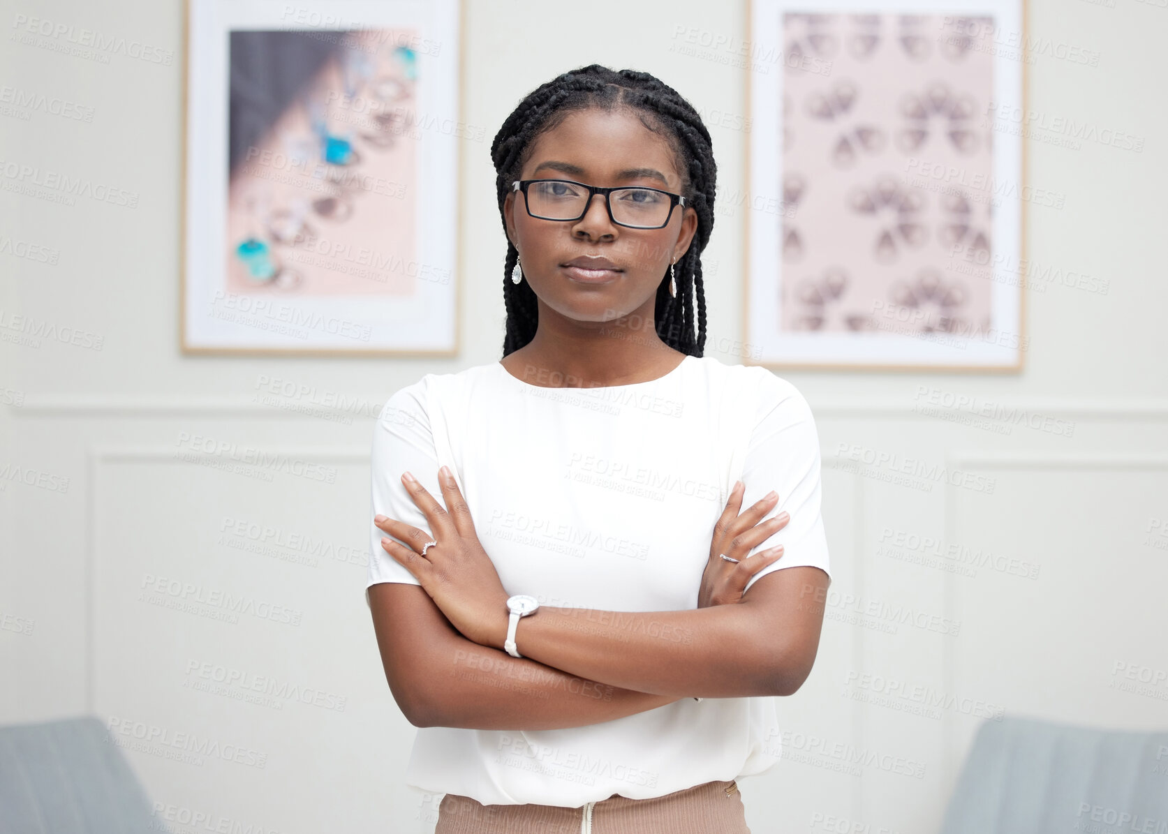 Buy stock photo African woman, portrait and office with arms crossed, proud and confidence for goals. Creative writer, professional news editor and expert reporter for content creation, publishing and press startup