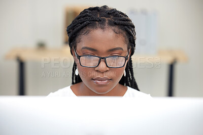 Buy stock photo Computer, working and black woman typing for company, writing and copywriter for creative business. Employee, girl and female person with connection to internet, office and startup with technology
