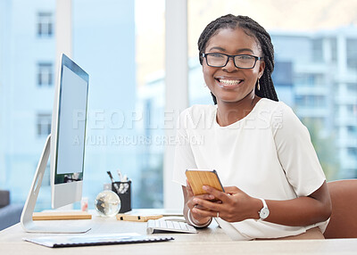 Buy stock photo Phone, happy and portrait of business woman in office online for social media, internet and networking. Professional, corporate and female person on smartphone for website, mobile app and contact