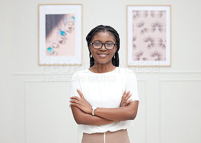 Buy stock photo African woman, portrait and office with arms crossed, smile and confidence for goals. Creative writer, professional news editor and expert reporter for content creation, publishing and press startup