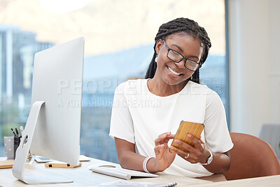 Buy stock photo Phone, happy and business black woman in office online for social media, internet and networking. Professional, corporate and female person typing on smartphone for website, mobile app and contact