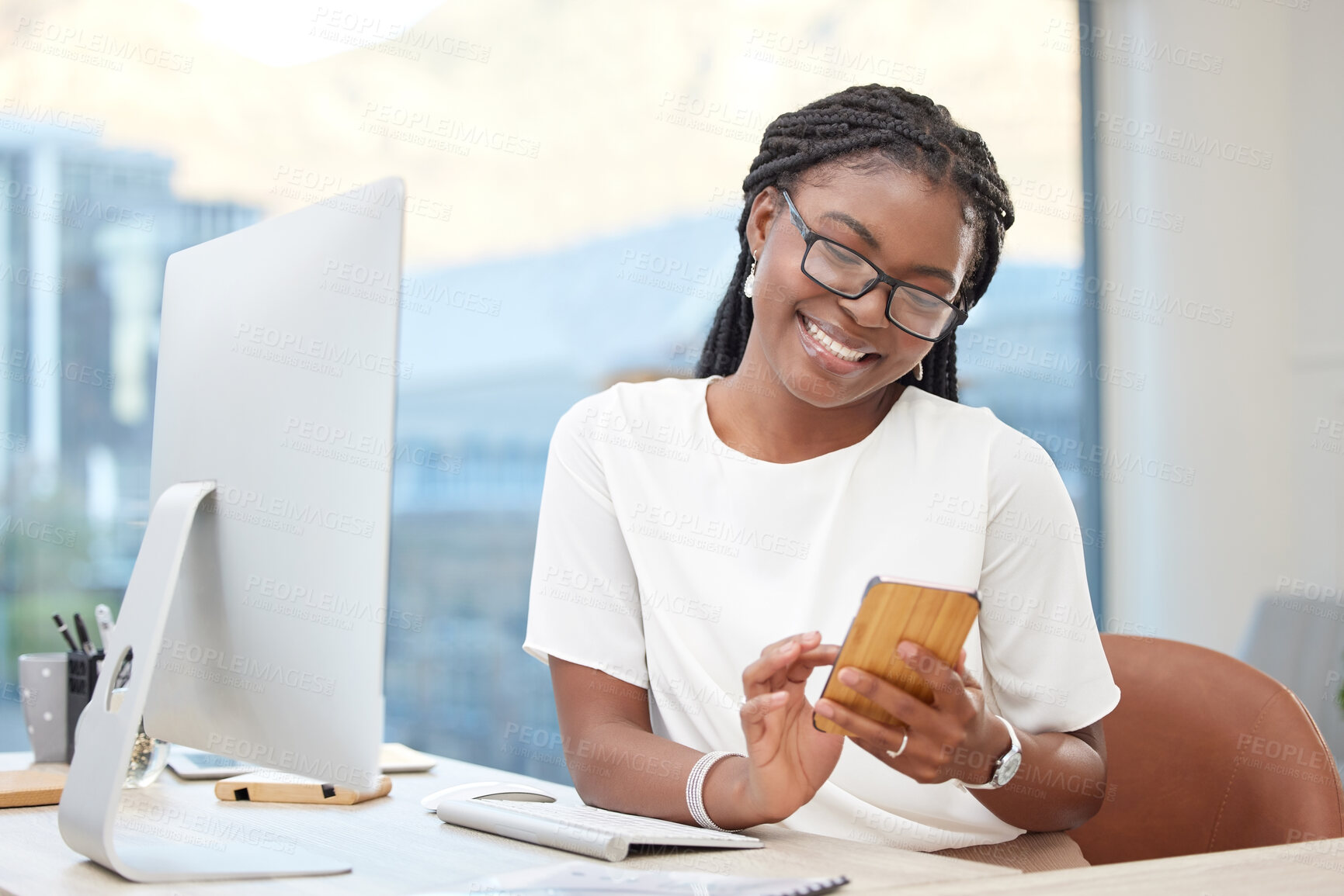 Buy stock photo Phone, happy and business black woman in office online for social media, internet and networking. Professional, corporate and female person typing on smartphone for website, mobile app and contact