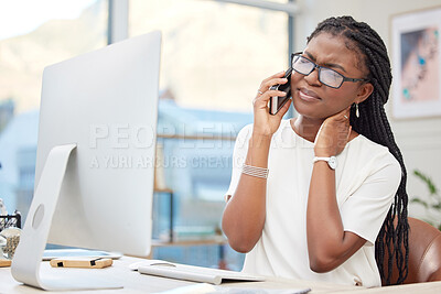 Buy stock photo Phone call, stress and woman with neck pain, injury or accident in office while working. Cellphone, communication and African business employee with muscle sprain on mobile conversation in workplace.