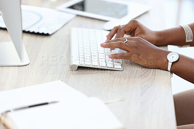 Buy stock photo Computer, keyboard and business woman hands typing, copywriting and research for newsletter, blog or article. Writer, editor or person working, editing or planning online, website management and desk