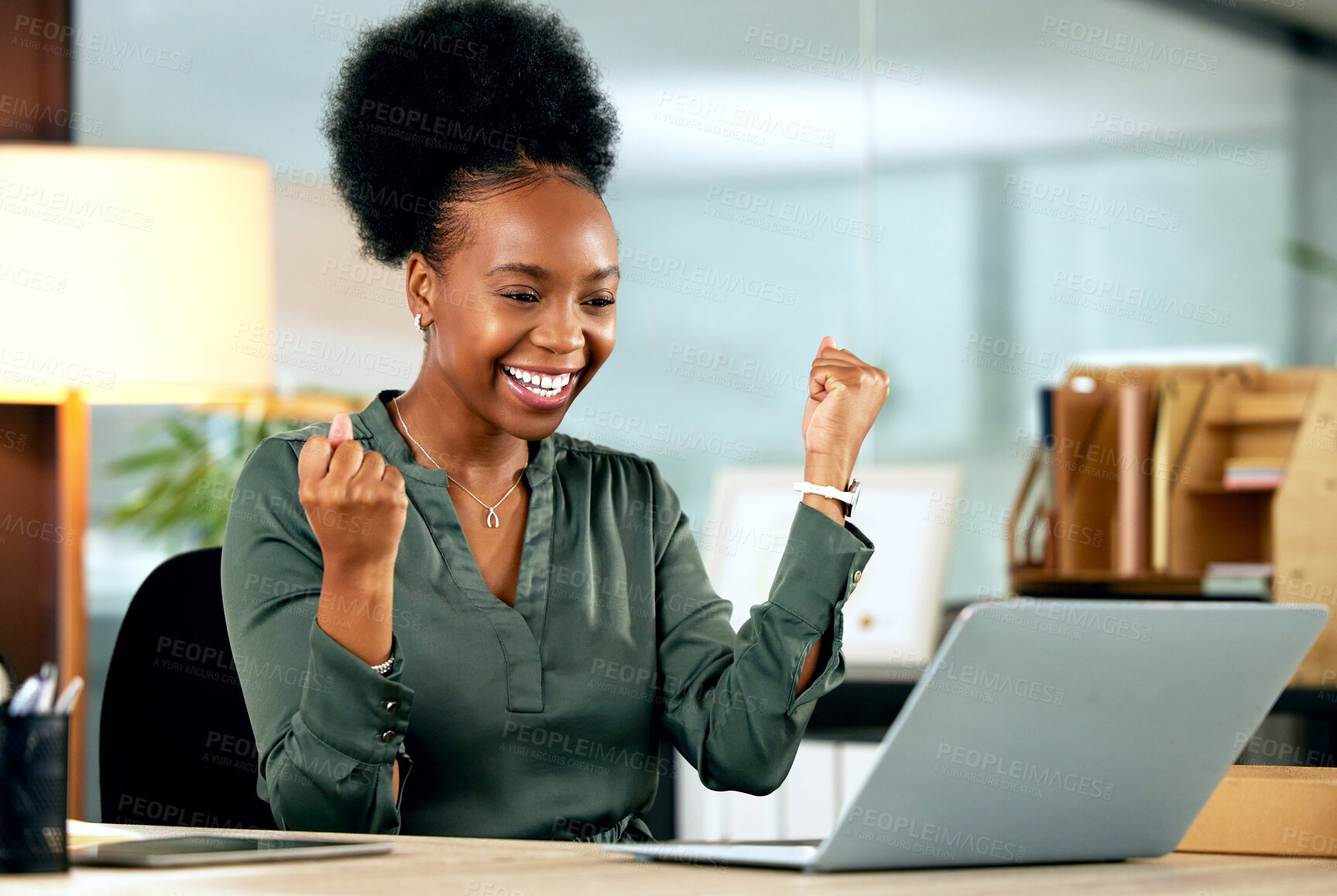 Buy stock photo Business, celebration and black woman with success on laptop, computer or working achievement, promotion or bonus. Businesswoman, excited and employee celebrate happiness in office or workplace