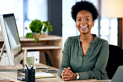 Buy stock photo Happiness, pride and portrait of black woman at desk with smile, computer and African entrepreneur with smile. Happy face of businesswoman in office, small business startup and receptionist at agency