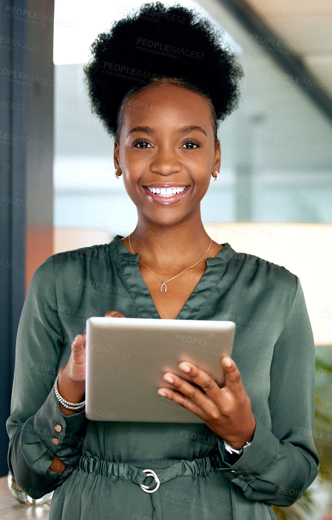 Buy stock photo Black woman in business, tablet and smile in portrait, web design and app development with tech. Happy female developer with digital touchscreen, internet and software upgrade at creative startup