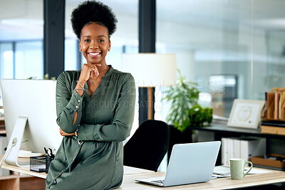 Buy stock photo Portrait of confident black woman in modern office with smile, computer and African entrepreneur with pride. Happy face of businesswoman at small business startup and female boss at management agency