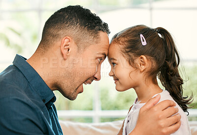 Buy stock photo Forehead, love or smile with father and daughter in home together for bonding, moment or security. Family, relationship or wellness with happy single parent man and girl child in apartment for trust