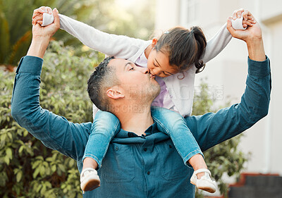 Buy stock photo Kiss, man and child in garden for connection or bonding as family, together and outdoor in park. Father, daughter and affection with love, support and happiness for trust, comfort and joy in backyard