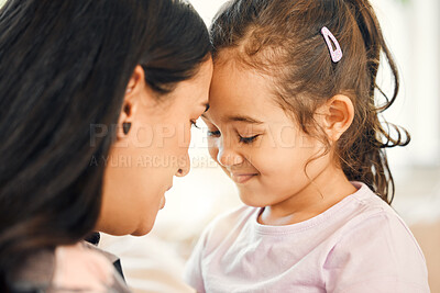 Buy stock photo Forehead, love or smile with mother and daughter in home together for bonding, moment or security. Family, relationship or wellness with single parent woman and girl child in apartment for trust