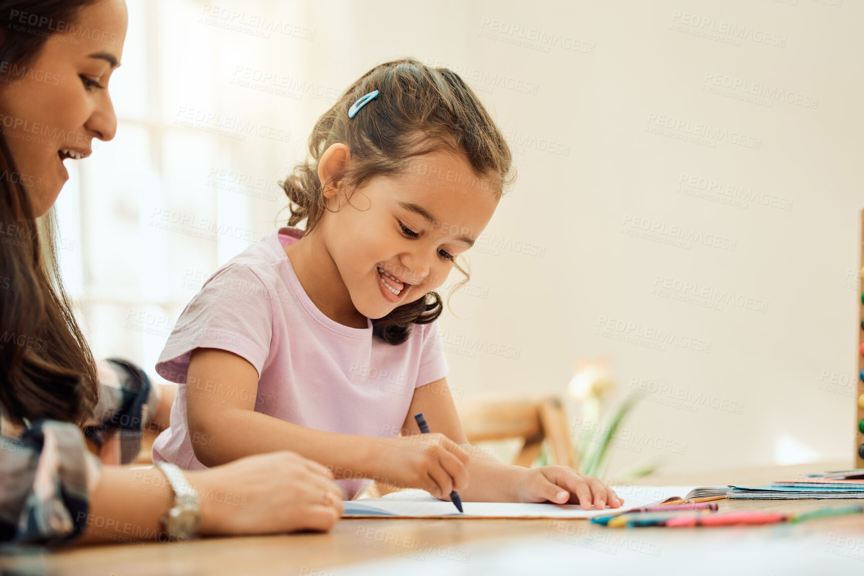 Buy stock photo Homework, mom and help girl with learning, education and student writing or home school, study and working on table. Mother, child and work together on math, drawing or parent helping on project