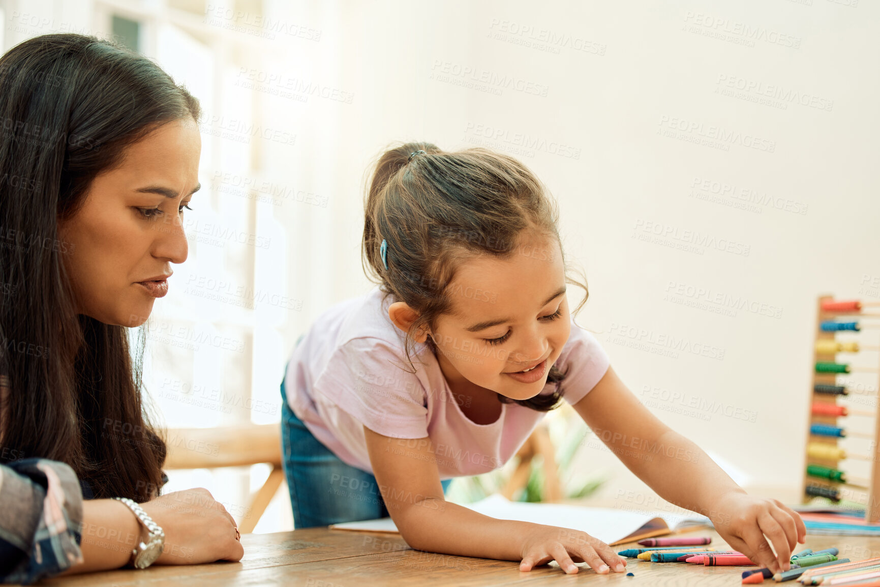 Buy stock photo Education, learning or smile of mother and daughter in home together for child development. Crayons, creative or desk with happy single parent woman and girl kid in apartment for future or study