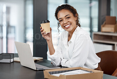 Buy stock photo Portrait, laptop and business woman drinking coffee at desk for software development in creative startup office. Face, tea and happy professional on computer, entrepreneur or web developer in Brazil