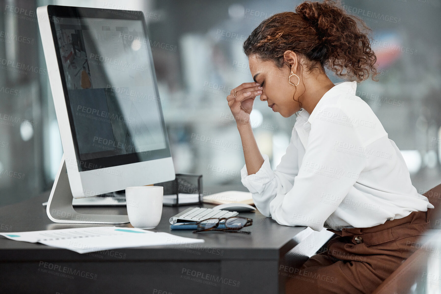 Buy stock photo Business, woman and stress with computer in office for project deadline, pressure and expectation with burnout of overworked. Girl, headache and migraine with fatigue, exhausted and tired of work.