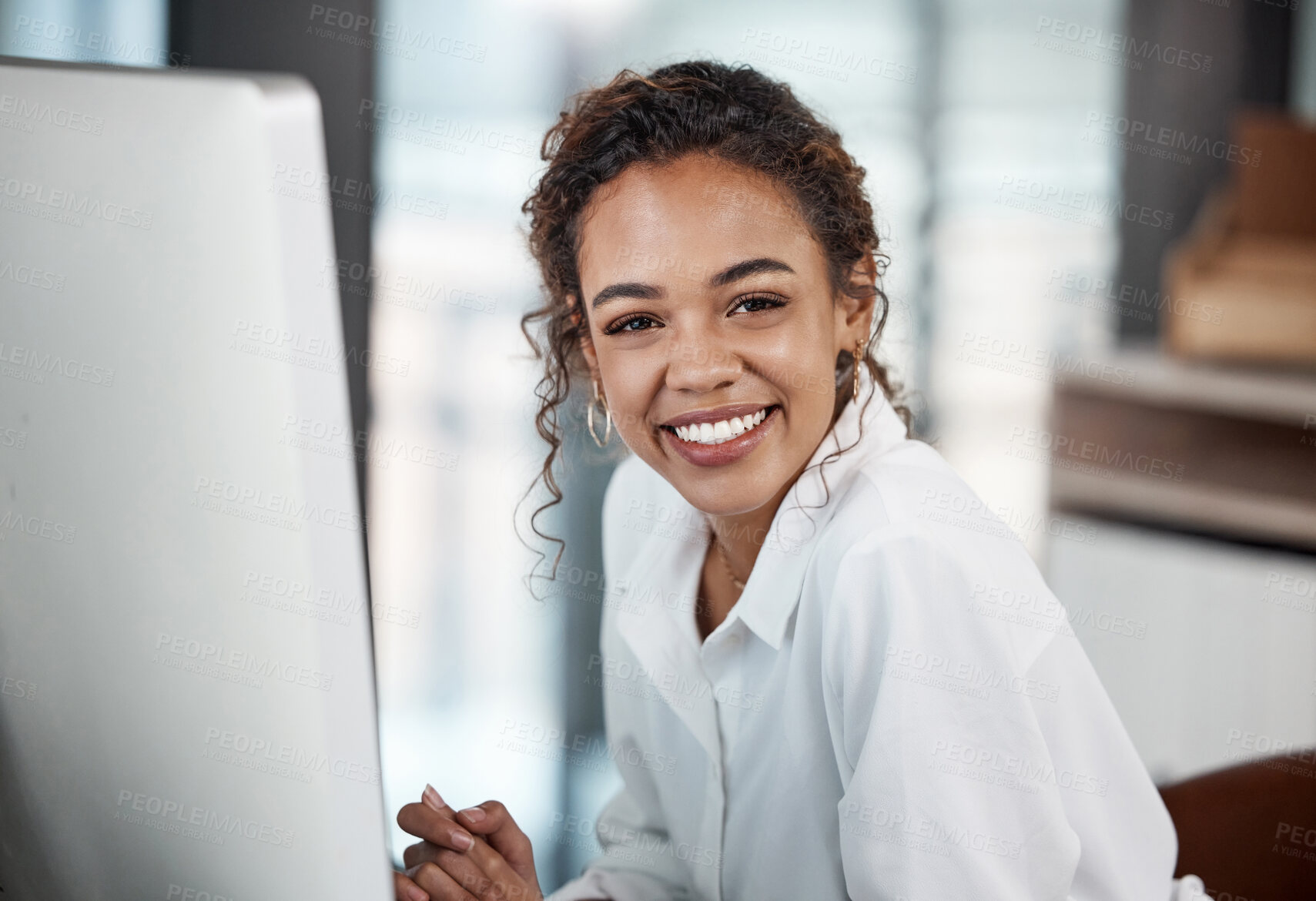 Buy stock photo Portrait, smile and business woman on computer in office for career, job and startup company. Face, pc and happy professional entrepreneur, web designer or creative employee work on project in Brazil