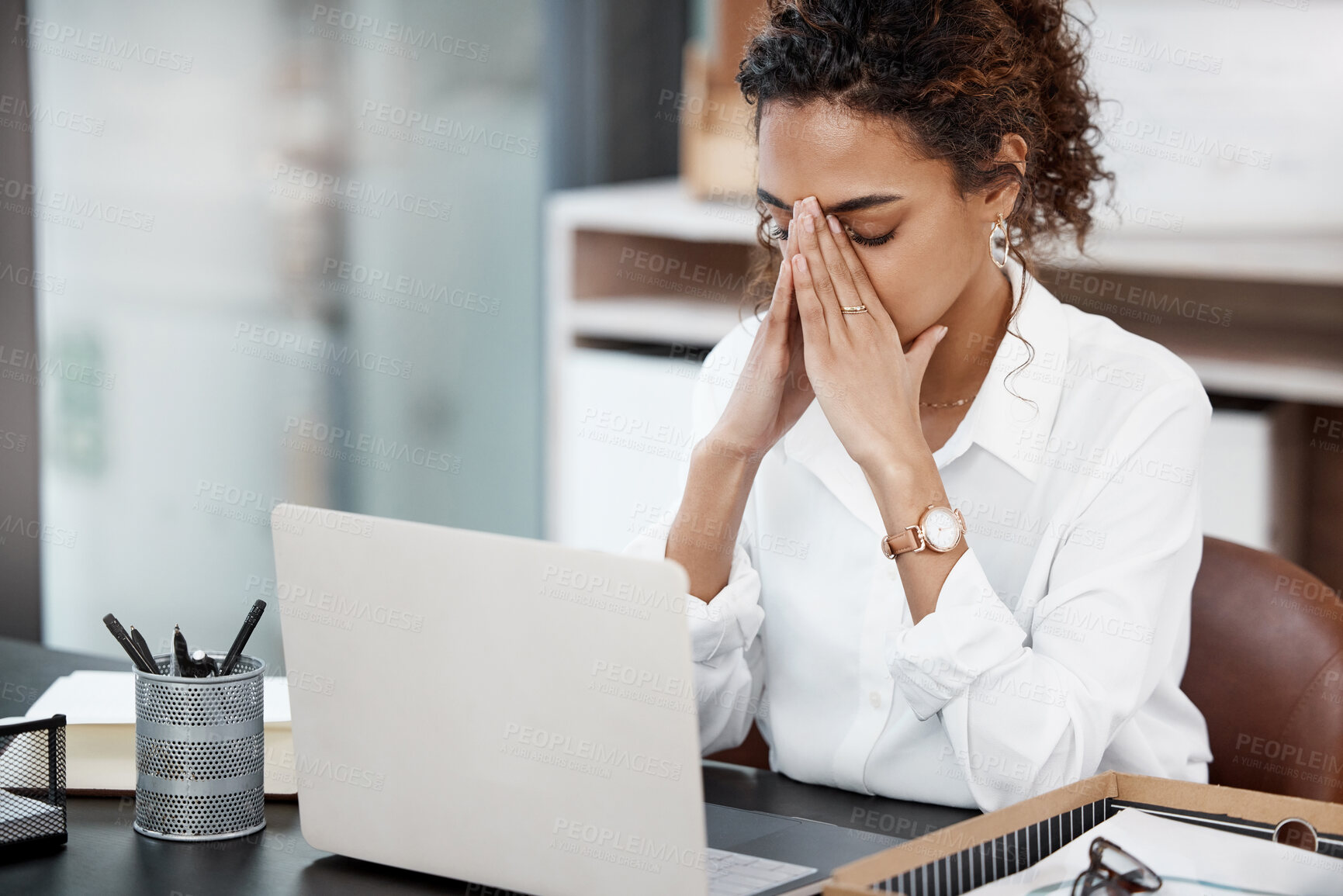 Buy stock photo Business, woman and stress with laptop in office for project deadline, pressure and expectation with burnout of overworked. Girl, headache and migraine with fatigue, exhausted and tired of work.