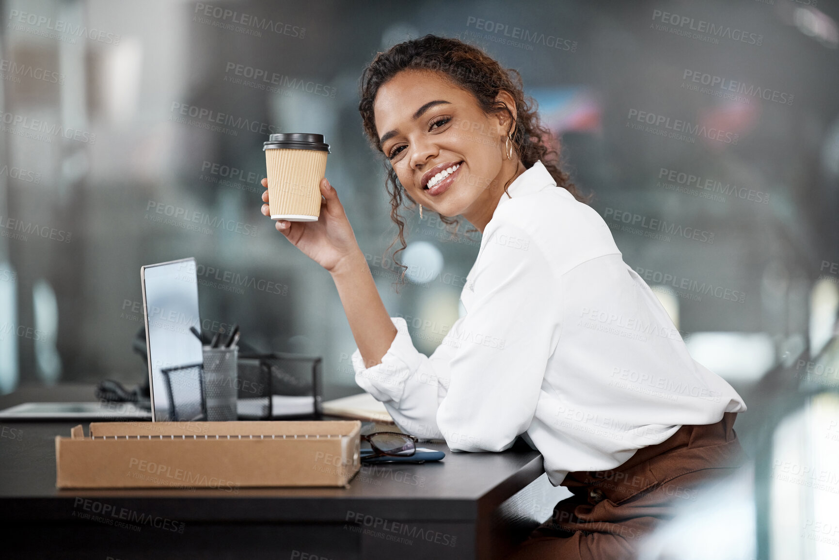 Buy stock photo Portrait, laptop and business woman with coffee at desk for software development in creative startup office. Drink, tea and happy professional on computer, entrepreneur and web developer in Brazil