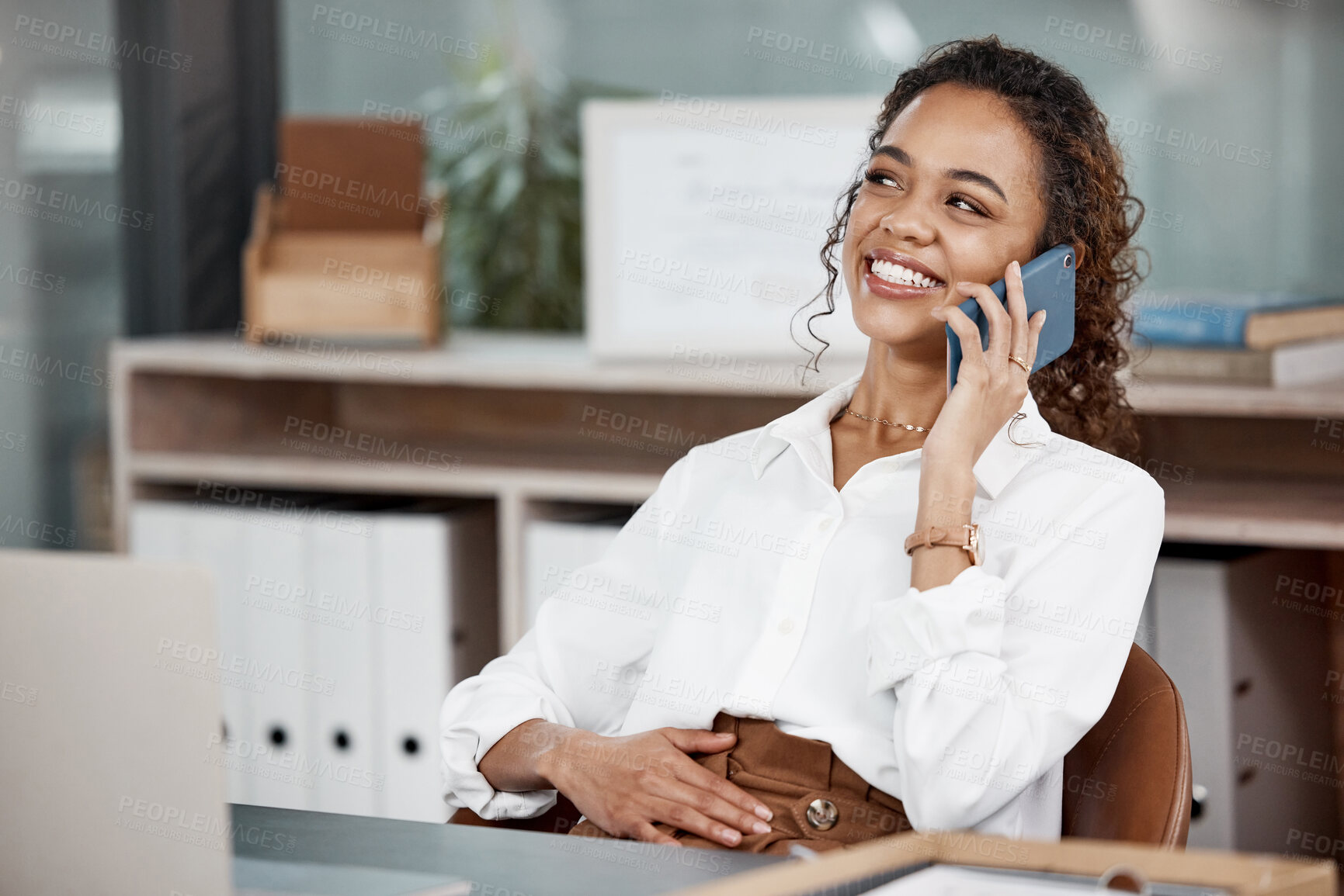 Buy stock photo Businesswoman, office and phone call with smile at desk in company with mobile for conversation. Happy, entrepreneur and young business owner with confidence for corporation, feedback and consulting.