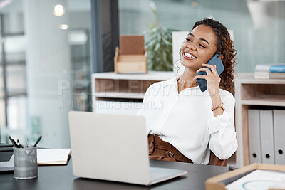 Buy stock photo Businesswoman, laptop and happy in office with phone call for customer service with inquiry. Communication, copywriter and consult for feedback with talking, conversation and smile in Germany.