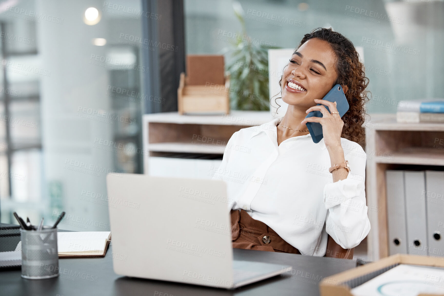 Buy stock photo Businesswoman, laptop and happy in office with phone call for customer service with inquiry. Communication, copywriter and consult for feedback with talking, conversation and smile in Germany.