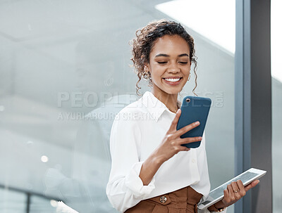 Buy stock photo Professional, woman and tablet with mobile phone at a company is typing a conversation on the internet. Female person, business and communication with tech for entrepreneurship at the office.