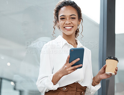 Buy stock photo Cropped portrait of an attractive young businesswoman sending a text while working in her office