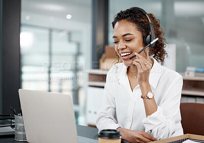 Buy stock photo Call center, telemarketing and woman with a smile, help and advice with customer service, laptop or talking. Female person, consultant or agent with a headset, tech support or consulting in an office