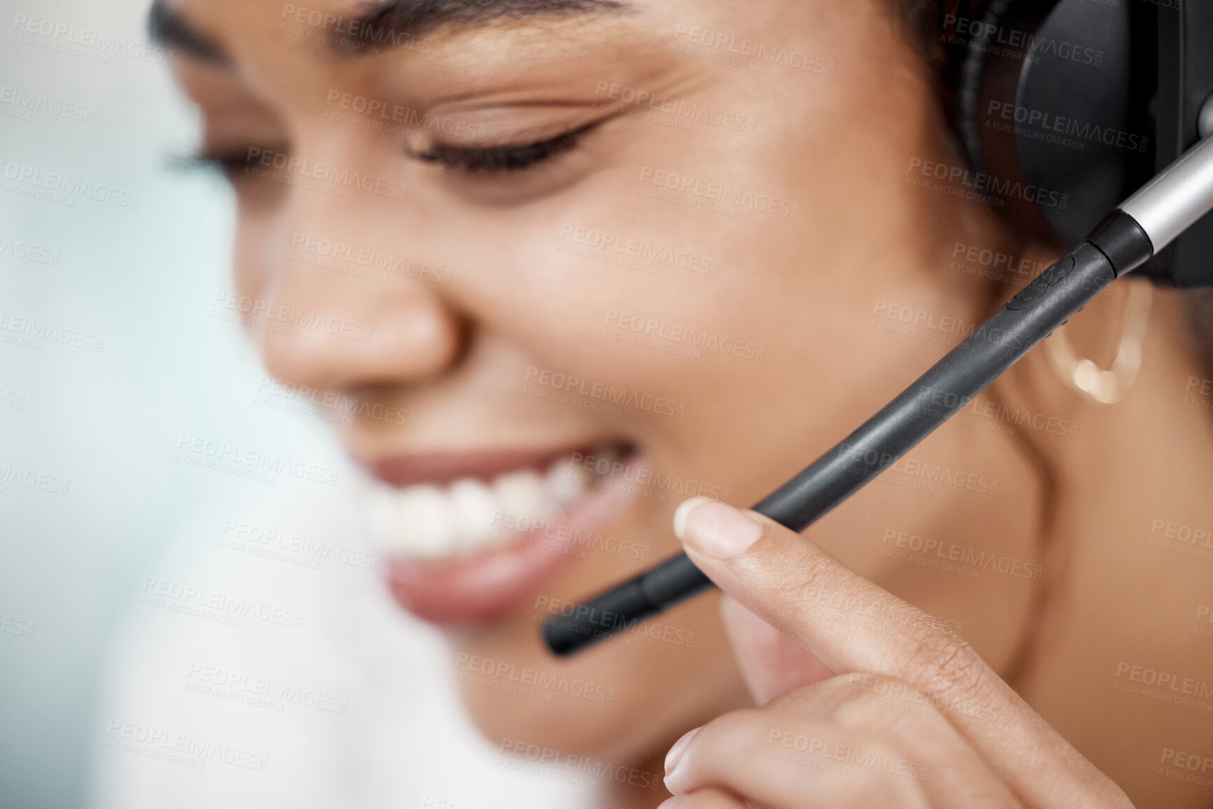 Buy stock photo Woman, closeup and microphone on headset in office for support, customer with problem in Africa. Female consultant, smile and help with headphones for telemarketing, service for debt review or loan