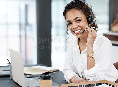 Buy stock photo Customer service, portrait of woman with headsets and with laptop at her desk in a office of her workplace. Telemarketing or call center, online communication and female person at her workspace