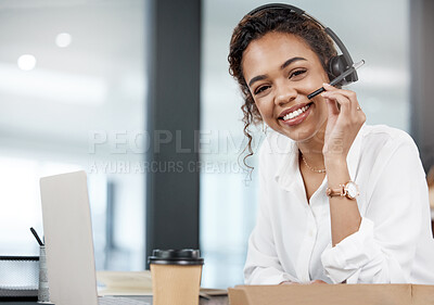 Buy stock photo Consultant, portrait of woman with headset and with laptop at her desk in a office of her workplace. Customer service or call center, online communication and female person for crm or telemarketing