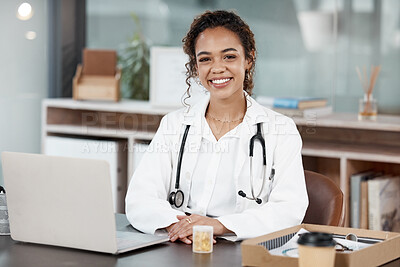 Buy stock photo Doctor, woman in portrait and smile, healthcare and medical professional in office with stethoscope and laptop. Female person in medicine, desk and health insurance with cardiologist at hospital