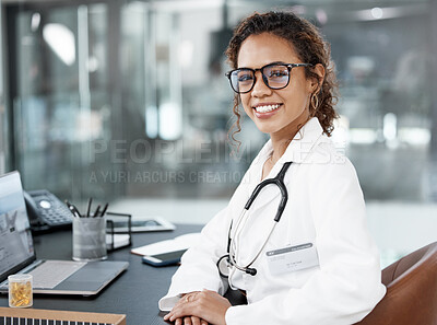 Buy stock photo Woman in portrait, doctor and smile with medicine, healthcare and cardiology surgeon in office. Happy female medical professional, hospital consulting and positive face with glasses at clinic