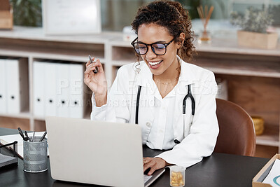 Buy stock photo Female doctor, laptop and call in office with smile for meeting with remote collaboration for consult. Video, conference and virtual examination with telehealth or appointment schedule on computer