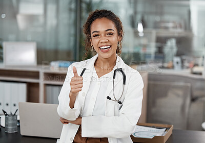 Buy stock photo Doctor, woman and thumbs up portrait with motivation and hospital success at clinic. Thank you, medical and healthcare professional with a smile from agreement, emoji and yes hand sign from wellness