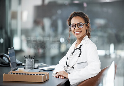 Buy stock photo Doctor, happy woman in healthcare and portrait with medical professional, confident with stethoscope and laptop. Female person in medicine, desk and health insurance with cardiologist at hospital