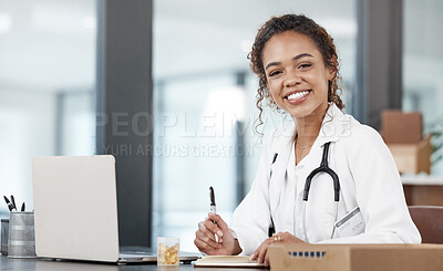 Buy stock photo Portrait, happy woman or doctor with notes, laptop or book journal in office for appointment diary. Smile, confidence or proud healthcare professional in medicine with checklist for admin at hospital